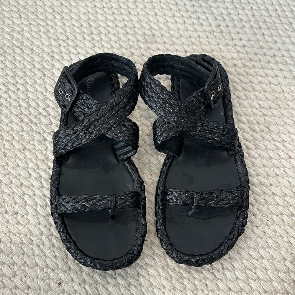 CHRISTIAN DIOR Woven Raffia Black Ocean Sandal Women's Size EU 40